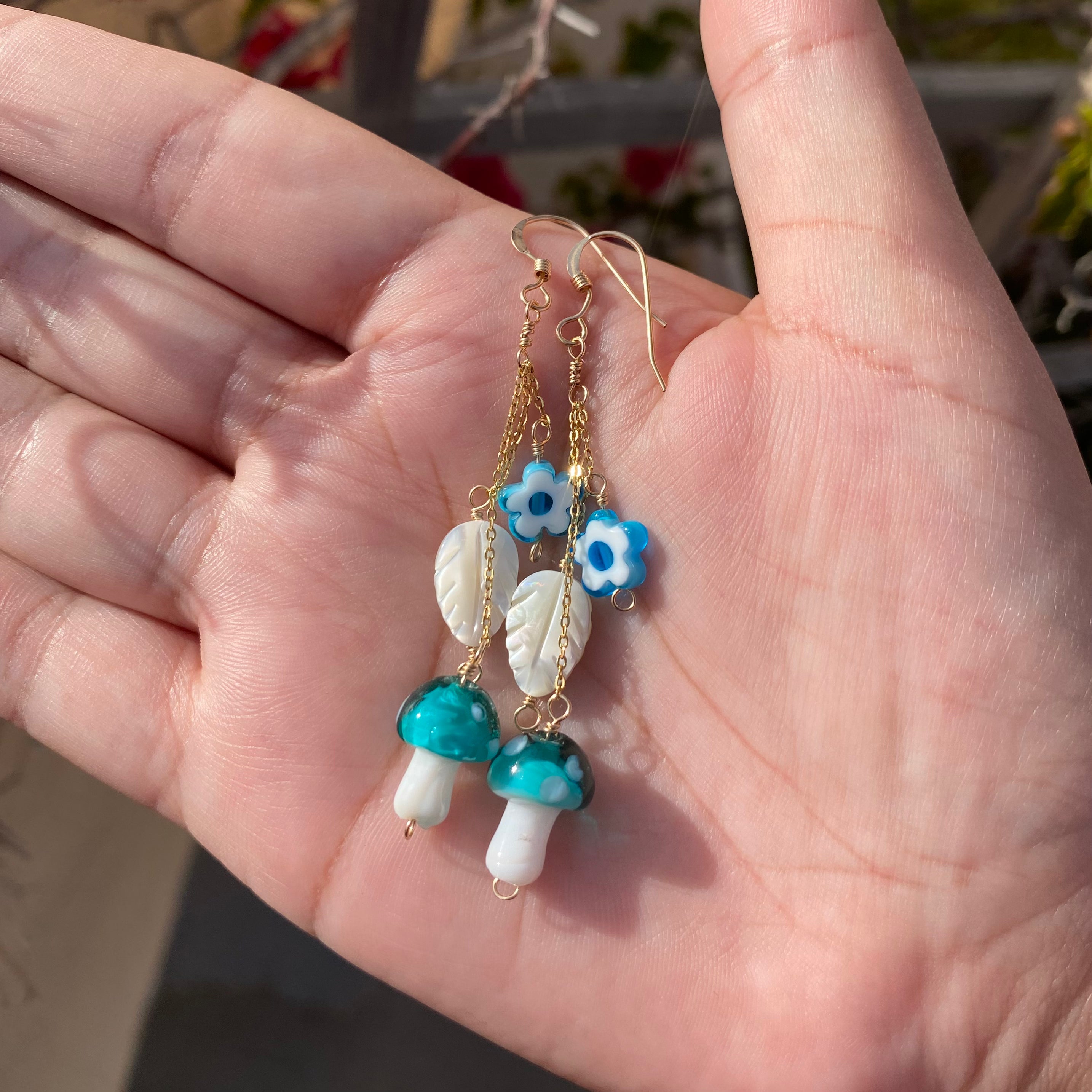 Teal Mushroom Dangle Earrings