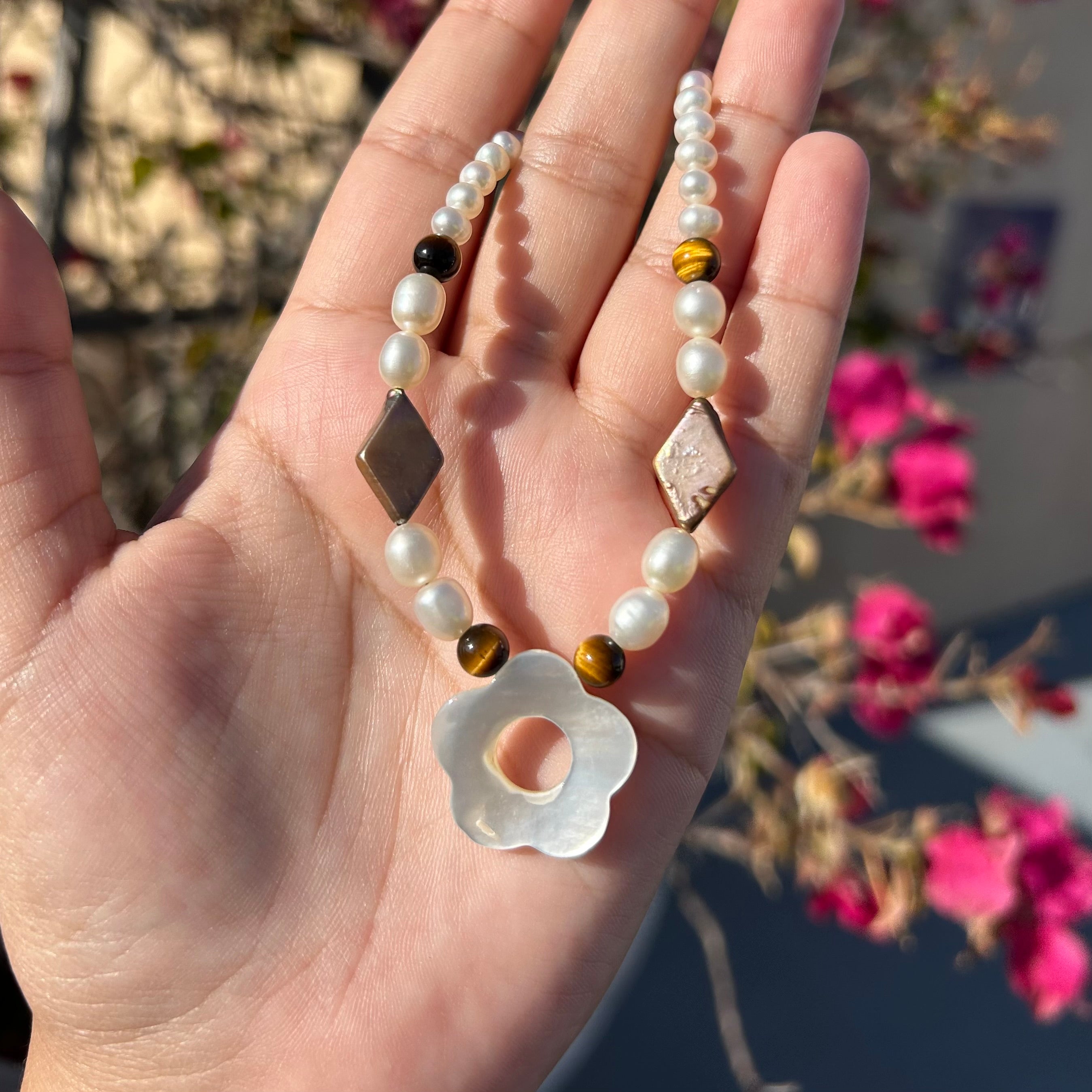 Brown Floral Pearl Necklace