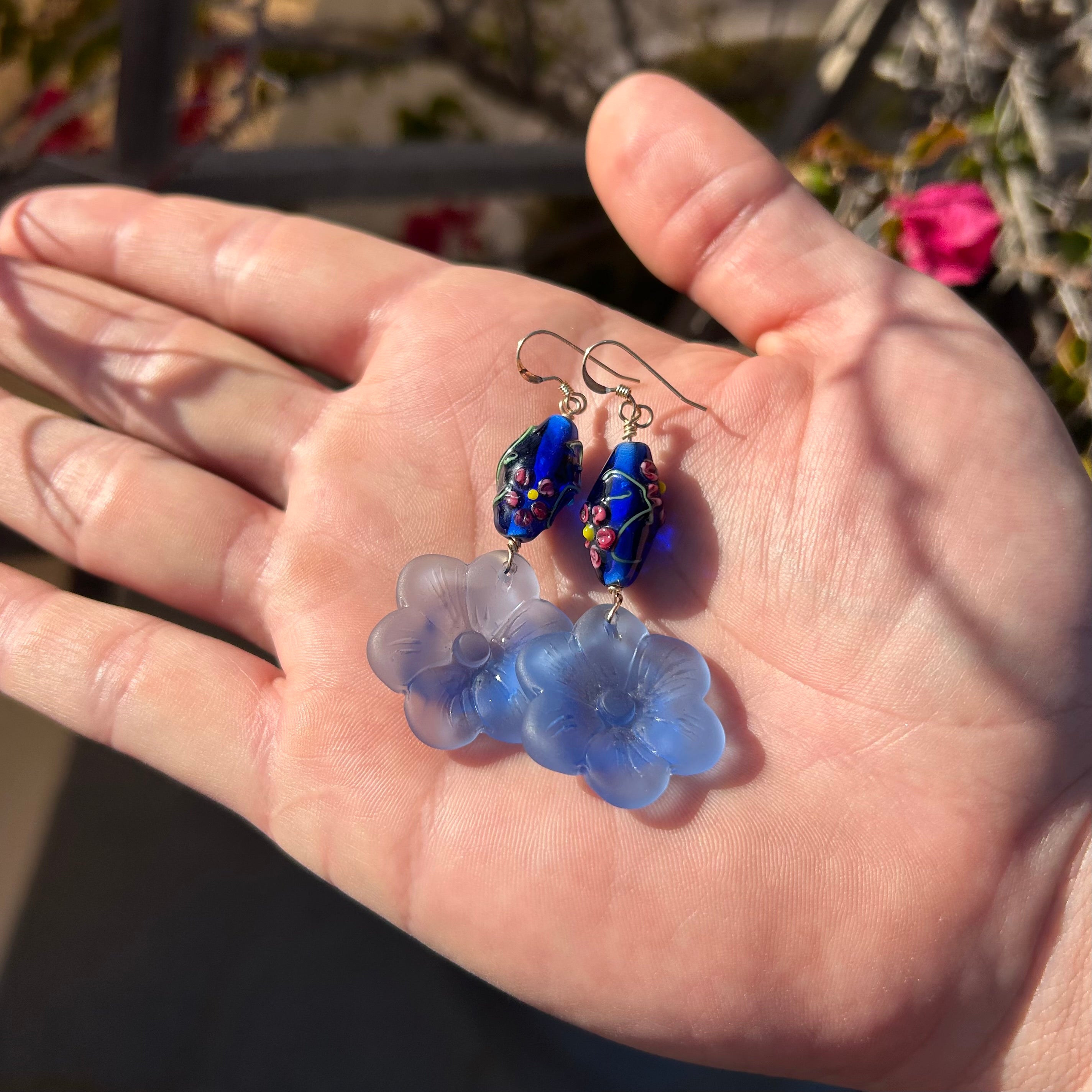 Blue Floral Sea Glass Earrings