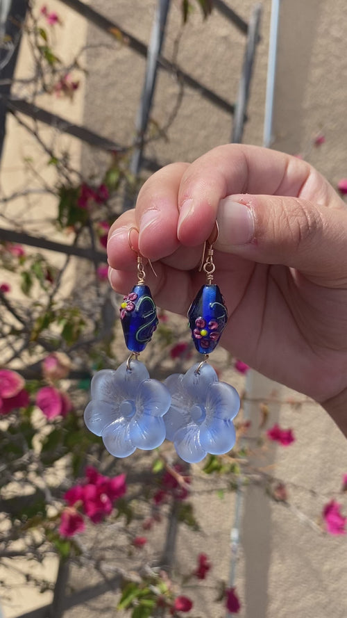 Blue Floral Sea Glass Earrings