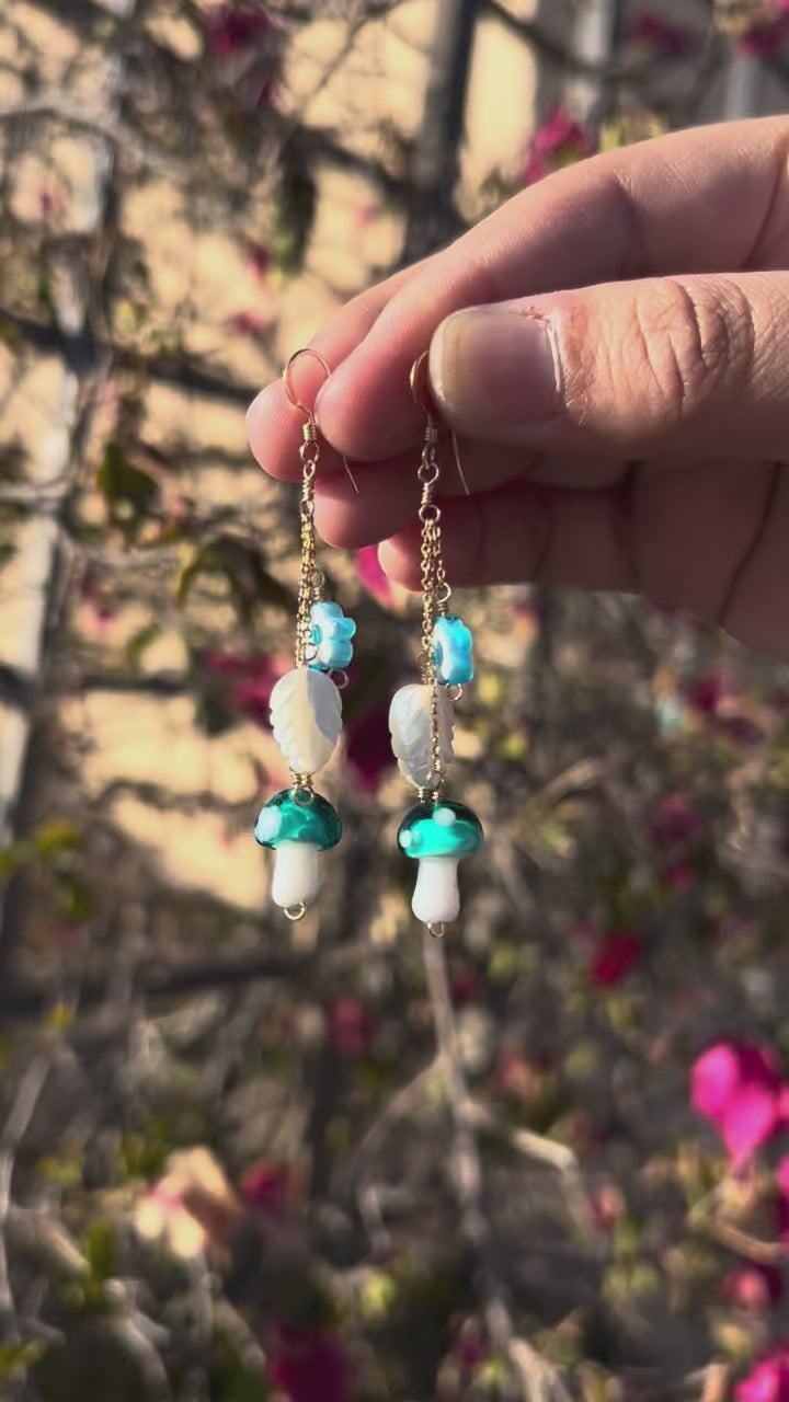 Teal Mushroom Dangle Earrings